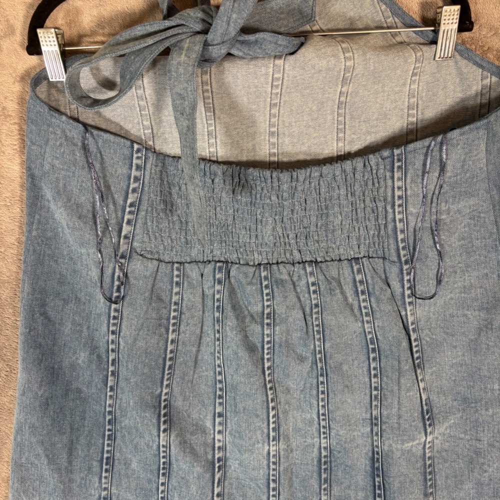 Maeve Anthropologie Blue Denim Halter Dress Floral Embroidered Smocked XL Boho - Picture 11 of 16